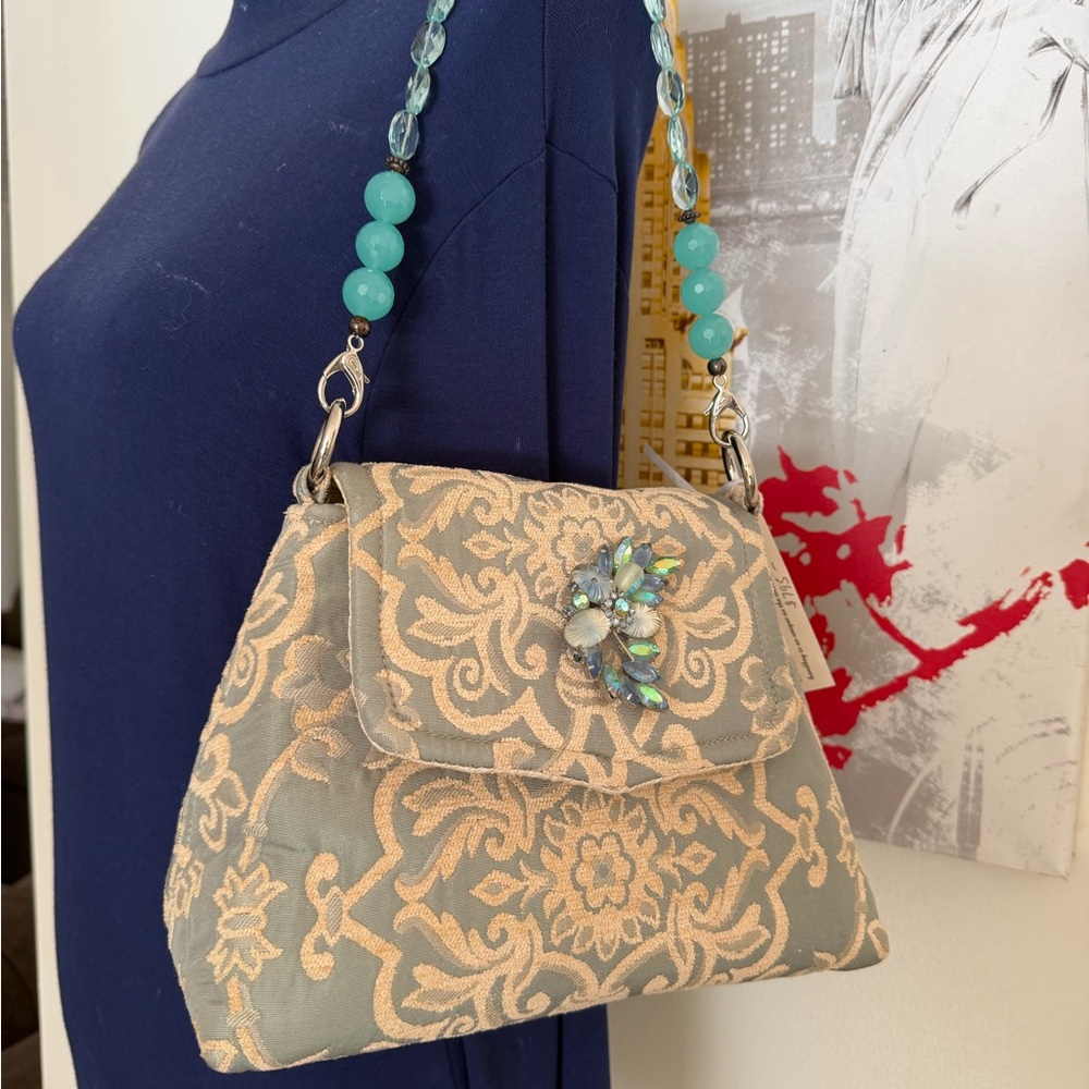 Nina Perrera Vintage Chic Embroidered Shoulder Bag with Beaded Strap - Picture 12 of 13